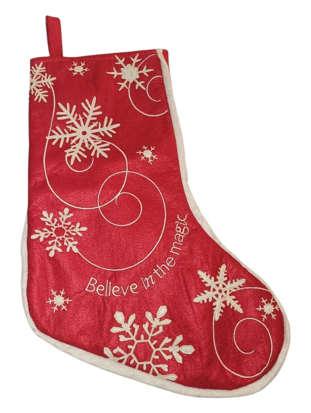 Christmas Xmas Stocking Believe In The Magic Snowflakes Applique